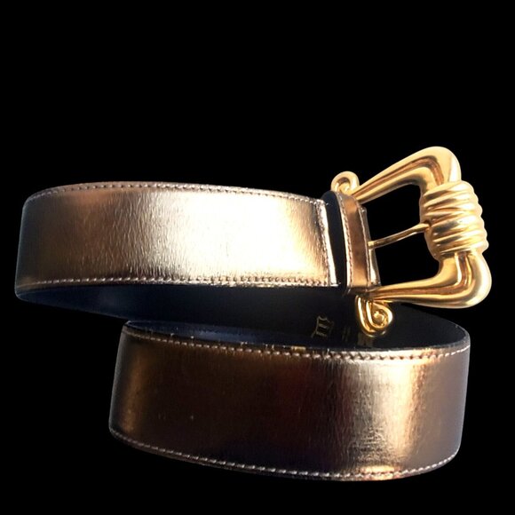 Vintage 80s Belt Womens Medium 34 Metallic Leather Brass Buckle Avignon Spain - Picture 9 of 11